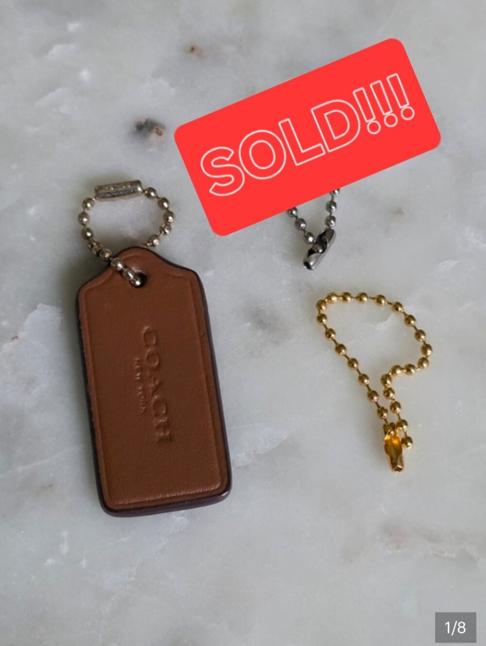 Coach Small Brown Leather Hangtag with Gold Ball Chain & Spare Chains